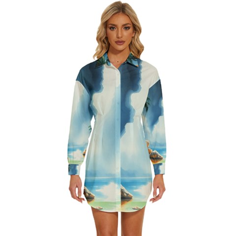 Delicate Watercolor Painting Surreal Oasis Scene With Intense Dramatic Lighting Womens Long Sleeve Shirt Dress by pollyparadiseartshop