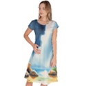 Delicate Watercolor Painting Surreal Oasis Scene With Intense Dramatic Lighting Classic Short Sleeve Dress View1