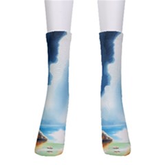 Delicate Watercolor Painting Surreal Oasis Scene With Intense Dramatic Lighting Crew Socks by pollyparadiseartshop