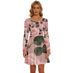 Pink Roses Long Sleeve Wide Neck Velvet Dress by pollyparadiseartshop