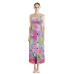 Pink Neon Flowers Flower Button Up Chiffon Maxi Dress by Cemarart