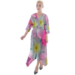 Pink Neon Flowers Flower Quarter Sleeve Wrap Front Maxi Dress by Cemarart