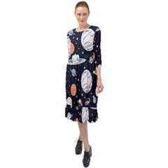 Space Galaxy Universe Stars Sky Ruffle End Midi Chiffon Dress by Paksenen