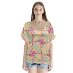 Abstract Pattern Design Scrapbooking V-neck Flutter Sleeve Top by Paksenen