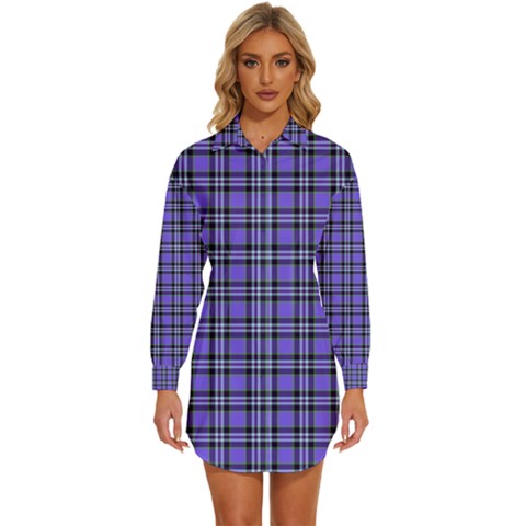 Blue Tartan Plaid 1 Womens Long Sleeve Shirt Dress by dressshop