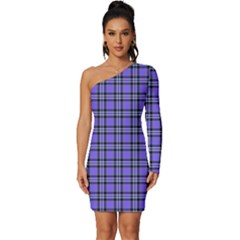 Blue Tartan Plaid 1 Long Sleeve One Shoulder Mini Dress by dressshop