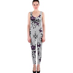 Elegant Purple Floral Jacquard Mesh Lace Fabric One Piece Catsuit by ArtfulThreads