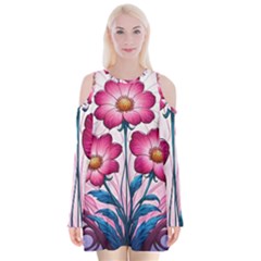 Fantasy Pink Flowers Stained Glass Velvet Long Sleeve Shoulder Cutout Dress by Grandong