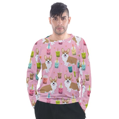 Corgi Bubble Boba Tea Pink Pattern Men s Long Sleeve Raglan T-shirt by Salmanaz77