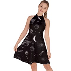 Cosmic Black Space Star Sleeveless Halter Neck A-line Dress by Ndabl3x