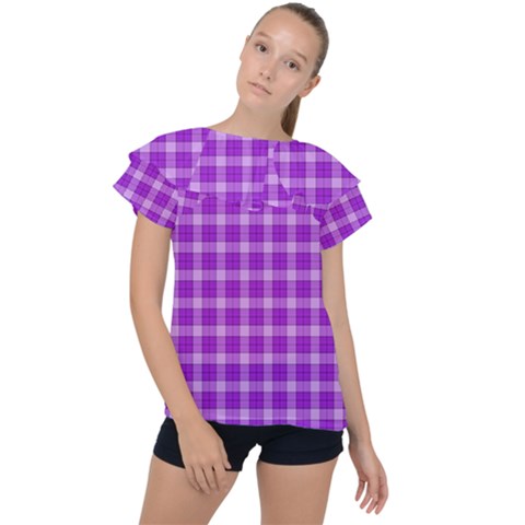 Purple Plaid Tartan 3 Ruffle Collar Chiffon Blouse by dressshop