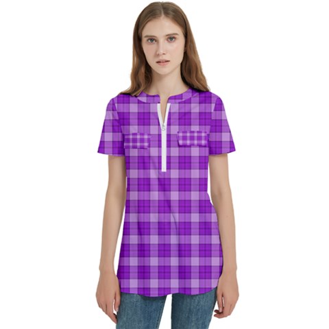 Purple Plaid Tartan 3 Women s Zip Front V-neck Short Sleeve Casual Top Pocket Shirt by dressshop