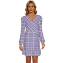 Purple Plaid Tartan 2 Long Sleeve Waist Tie Ruffle Velvet Dress View1