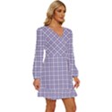 Purple Plaid Tartan 2 Long Sleeve Waist Tie Ruffle Velvet Dress View3