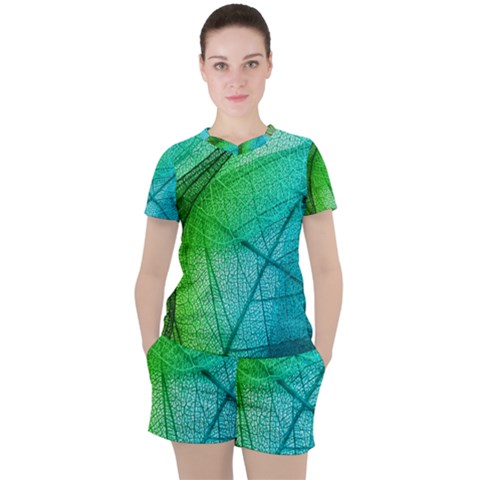 Texture Green Leaf Abstraction 3d Women s T-shirt And Shorts Set by Salmanaz77