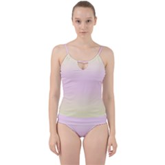 Cream Yellow To Pink Lace Bilinear Gradient Cut Out Top Tankini Set by GradientsOmbre