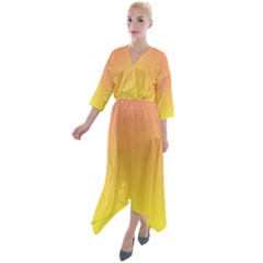 Coral Pink To Electric Yellow Linear Gradient Quarter Sleeve Wrap Front Maxi Dress by GradientsOmbre