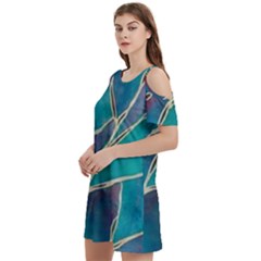 Aqua Batik, Abstract, Colorful Women s Cold Shoulder Round Neck Mini Dress by kyorashop23