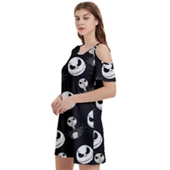 Jack Print, White, Before, Plain, Black, Simple, Christmas Women s Cold Shoulder Round Neck Mini Dress by kyorashop23