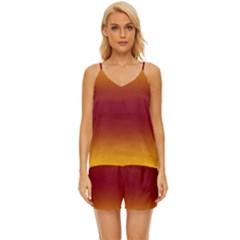 Amber Orange To Burgundy Red Bilinear Gradient V-neck Satin Pajamas Set by GradientsOmbre