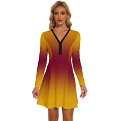 Amber Orange To Burgundy Red Bilinear Gradient Long Sleeve Deep V Mini Dress  by GradientsOmbre