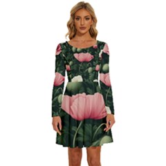 Poppy Flower Plant Petals Bloom Long Sleeve Wide Neck Velvet Dress by Grandong