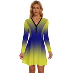 Electric Yellow To Navy Blue Bilinear Gradient Long Sleeve Deep V Mini Dress  by GradientsOmbre