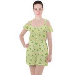 Green Leaves Pattern Ruffle Cut Out Chiffon Playsuit by designsbymallika