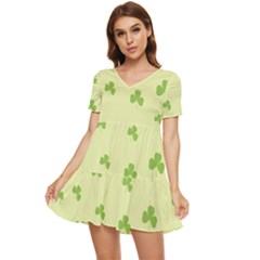 Green Leaves Pattern Tiered Short Sleeve Babydoll Dress by designsbymallika