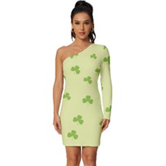 Green Leaves Pattern Long Sleeve One Shoulder Mini Dress by designsbymallika