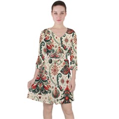 Christmas Tree Snow Quarter Sleeve Ruffle Waist Dress by Bedest