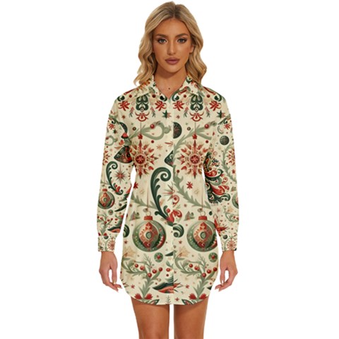 Christmas Tree Snow Womens Long Sleeve Shirt Dress by Bedest