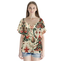 Christmas Tree Snow V-neck Flutter Sleeve Top by Bedest