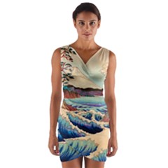 Wave Japanese Mount Fuji Ocean Wrap Front Bodycon Dress by Bedest