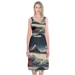 Hokusai Moutains Japan Midi Sleeveless Dress by Bedest