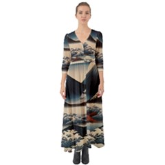 Hokusai Moutains Japan Button Up Boho Maxi Dress by Bedest