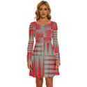 Zigzag Pattern Chevron Red Long Sleeve Wide Neck Velvet Dress View1