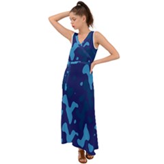 Blue Camouflage Pattern V-neck Chiffon Maxi Dress by kyorashop23