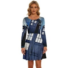 Tardis Doctor Who Space Blue Long Sleeve Wide Neck Velvet Dress by Cemarart