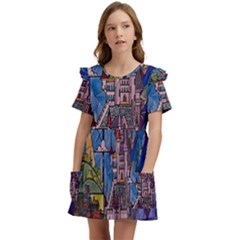 Castle Building Stained Glass Kids  Frilly Sleeves Pocket Dress by Cemarart