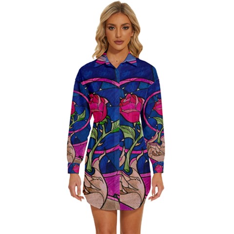 Enchanted Rose Stained Glass Womens Long Sleeve Shirt Dress by Cemarart