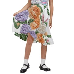 Embroidery Roses Floral Design Kids  Ruffle Flared Wrap Midi Skirt by Sabxi