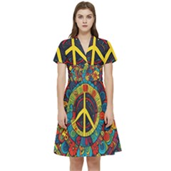 Peace Abstract Pattern Creative Drawing Short Sleeve Waist Detail Dress by Posterlux