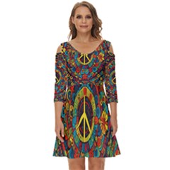 Peace Abstract Pattern Creative Drawing Shoulder Cut Out Zip Up Dress by Posterlux