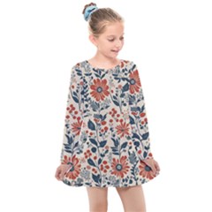 Retro Scandinavian Nordic Flowers Pattern Kids  Long Sleeve Dress by violetheavensky