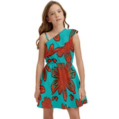 Mid Century Retro Floral 1970s 1960s Pattern 103 Kids  One Shoulder Party Dress by violetheavensky