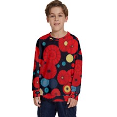 Mid Century Retro Floral 1970s 1960s Pattern 104 Kids  Crewneck Sweatshirt by violetheavensky