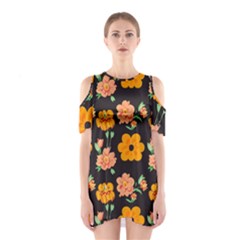 Retro 40s 50s Flowers Pattern Halloween 3 Shoulder Cutout One Piece Dress by violetheavensky