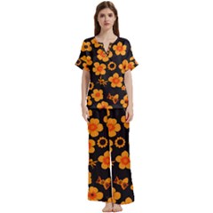 Retro 40s 50s Flowers Pattern Halloween Short Sleeve Long Pants Satin Pajamas Set by violetheavensky
