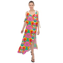 Retro 40s 50s Mexico Flowers Pattern Maxi Chiffon Cover Up Dress by violetheavensky